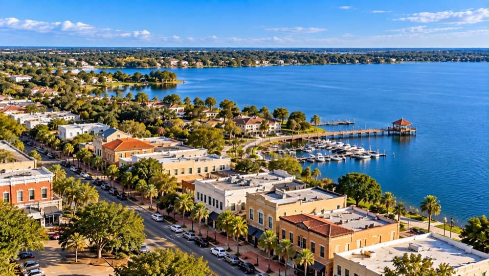 Aerial view of downtown Clermont and its lakefront marina