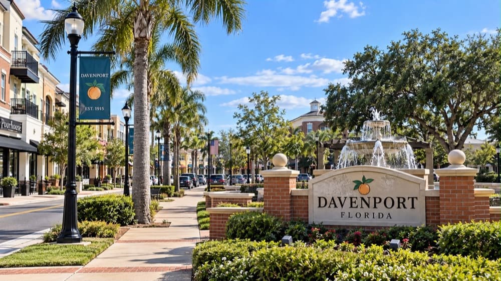 Davenport town center sign, fountain and palm-lined street