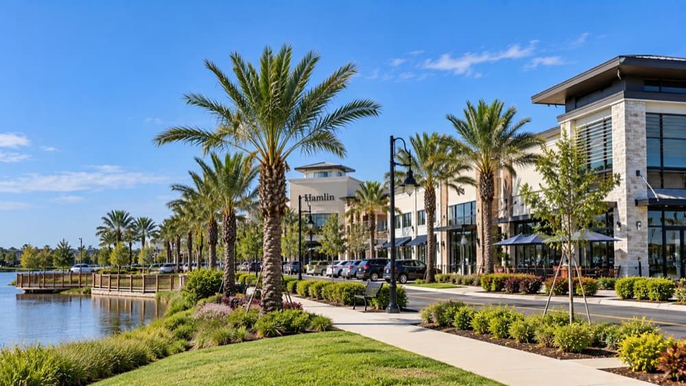 Palm-lined lakeside shops at Hamlin in Horizon West