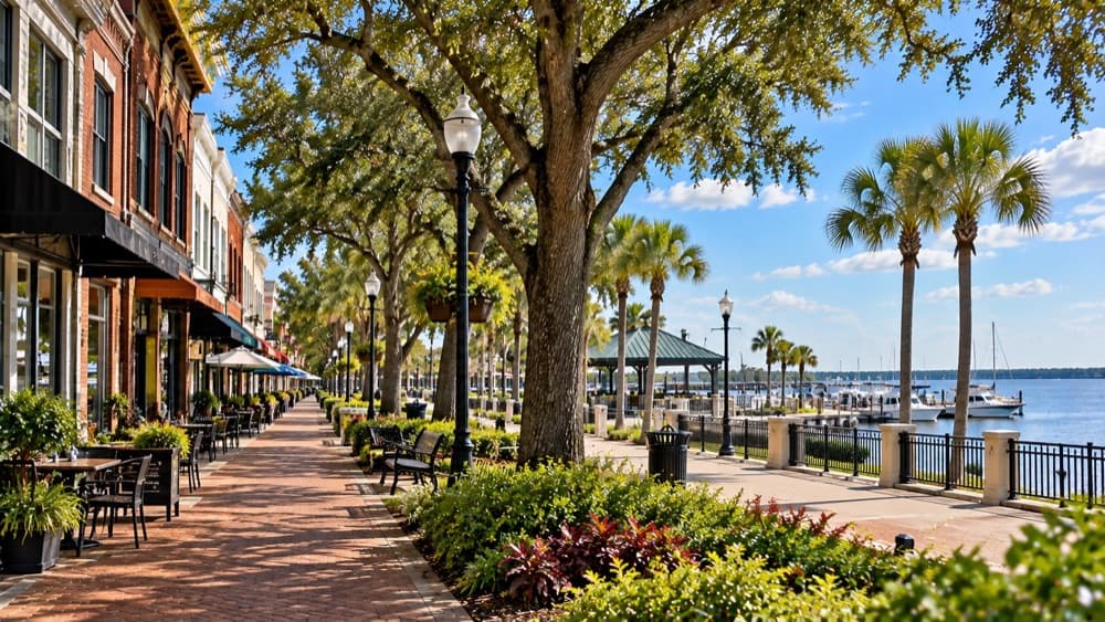 Tree-lined riverwalk and marina in downtown Sanford