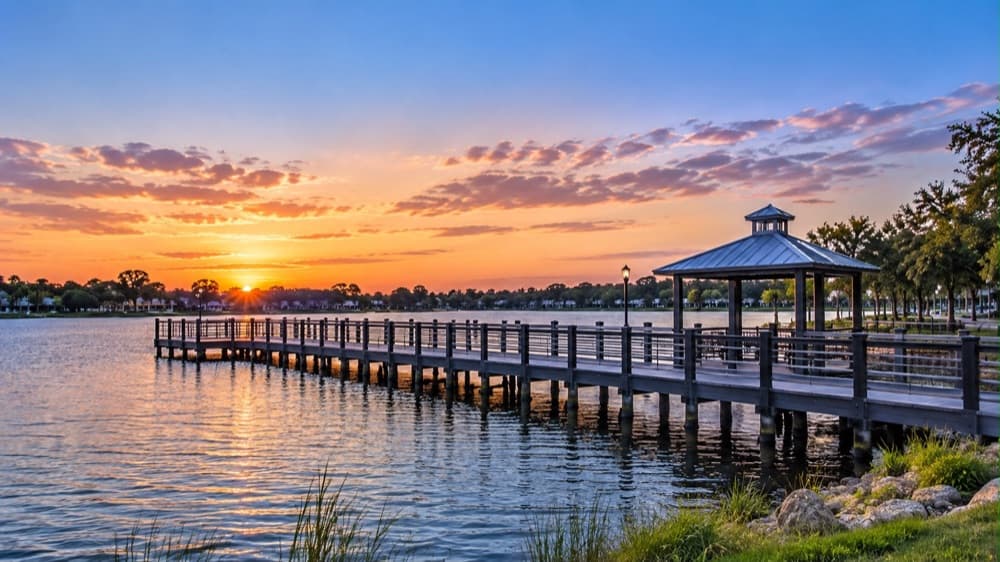 Sunset over a lakefront pier and gazebo in St. Cloud