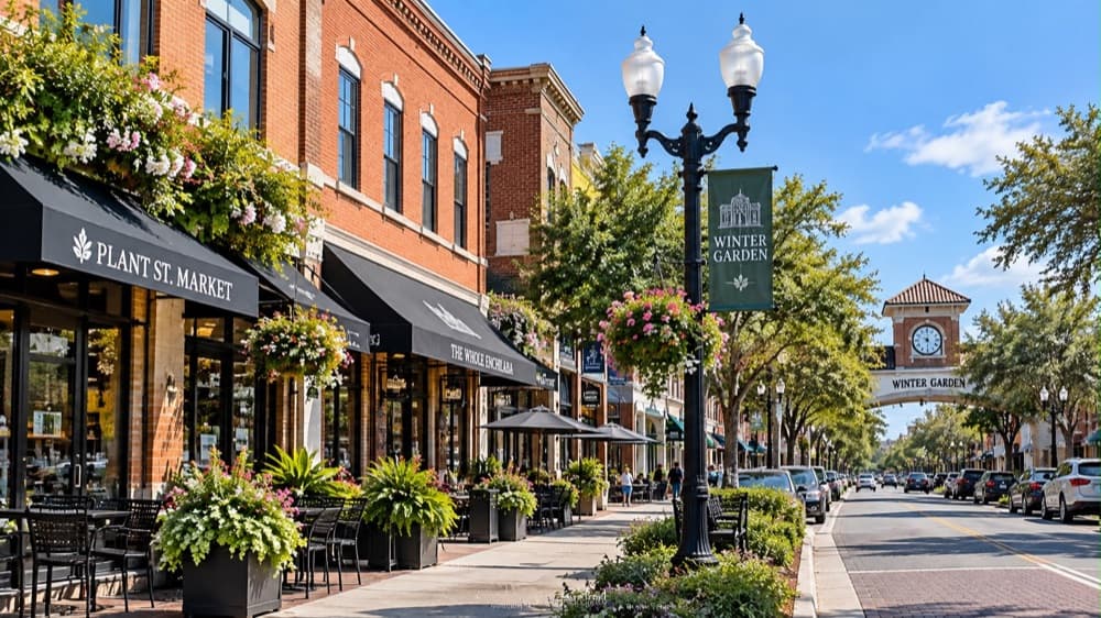 Shops and flower baskets along Plant Street in Winter Garden