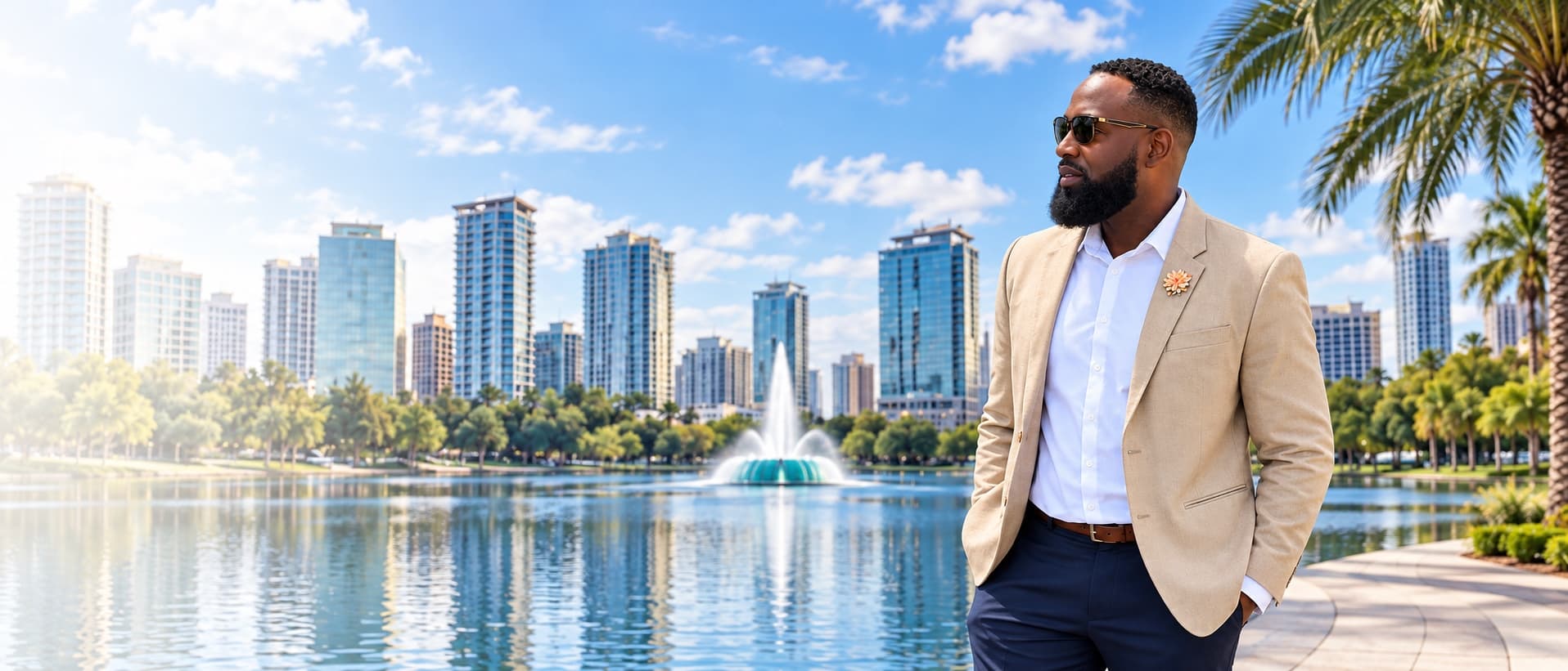 Paul E. in a tan blazer beside Lake Eola and the Orlando skyline